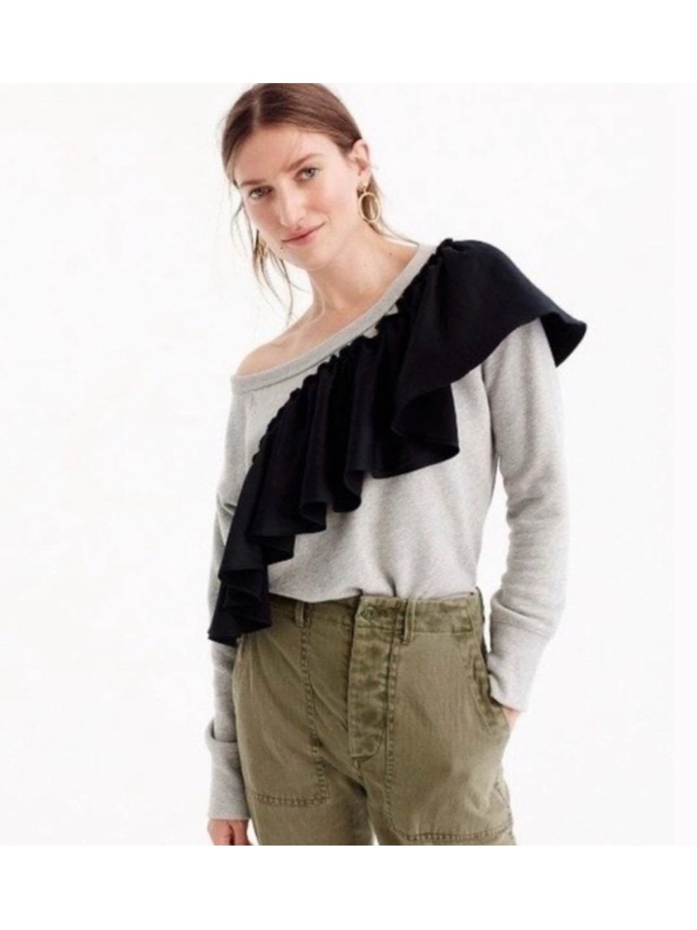 J. Crew Gray Sweatshirt with Black Ruffle Detail